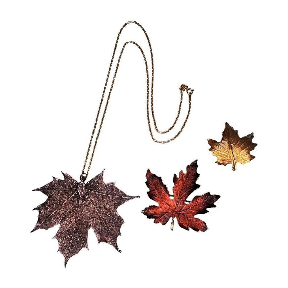 Vintage Autumn Leaf Jewelry Set - Maple Leaf Necklace and Brooches